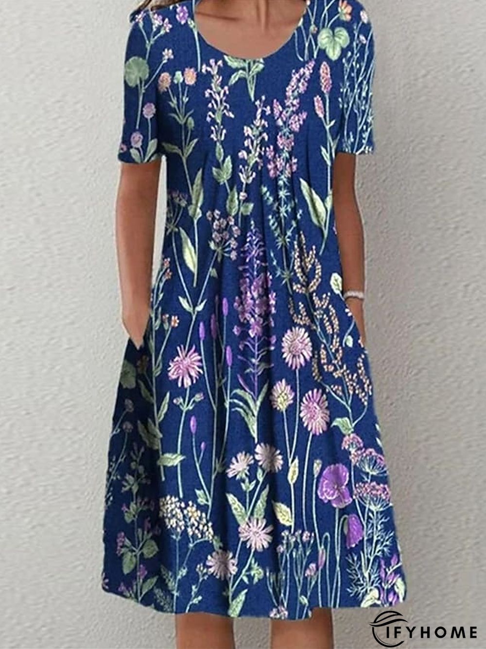 Women's Casual Dress Floral Dress Print Dress Floral Pocket Print Crew Neck Midi Dress Active Fashion Outdoor Home Short Sleeve Loose Fit Blue Dark Blue Spring Summer S M L XL XXL | IFYHOME