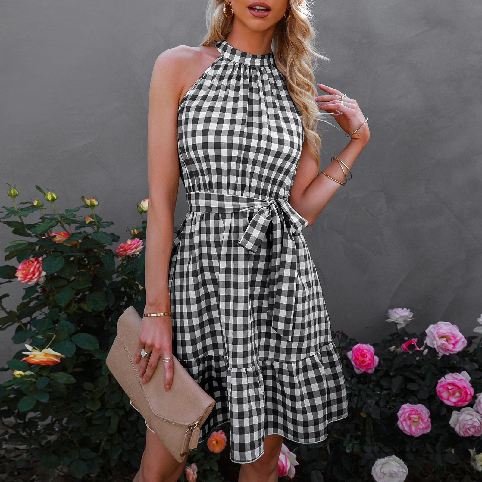 Mature Women Summer Fashion Wrap Chest Sleeveless Ruffled Plaid Dress