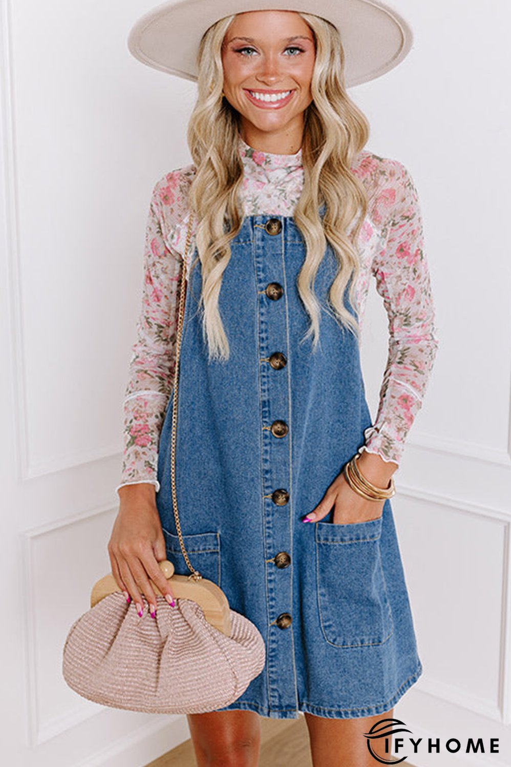 Dusk Blue Wide Strap Button Front Pocketed Denim Mini Dress | IFYHOME