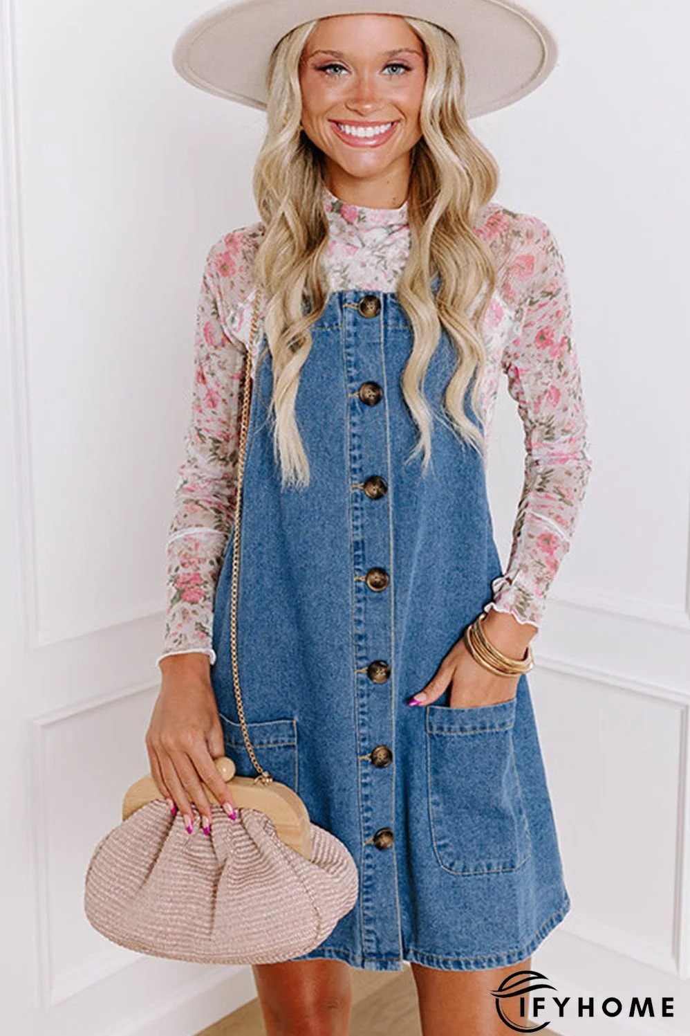 Dusk Blue Wide Strap Button Front Pocketed Denim Mini Dress | IFYHOME