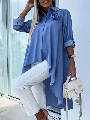 Image of Half Sleeves High-Low Buttoned Pockets Solid Color Lapel Blouses&Shirts Tops