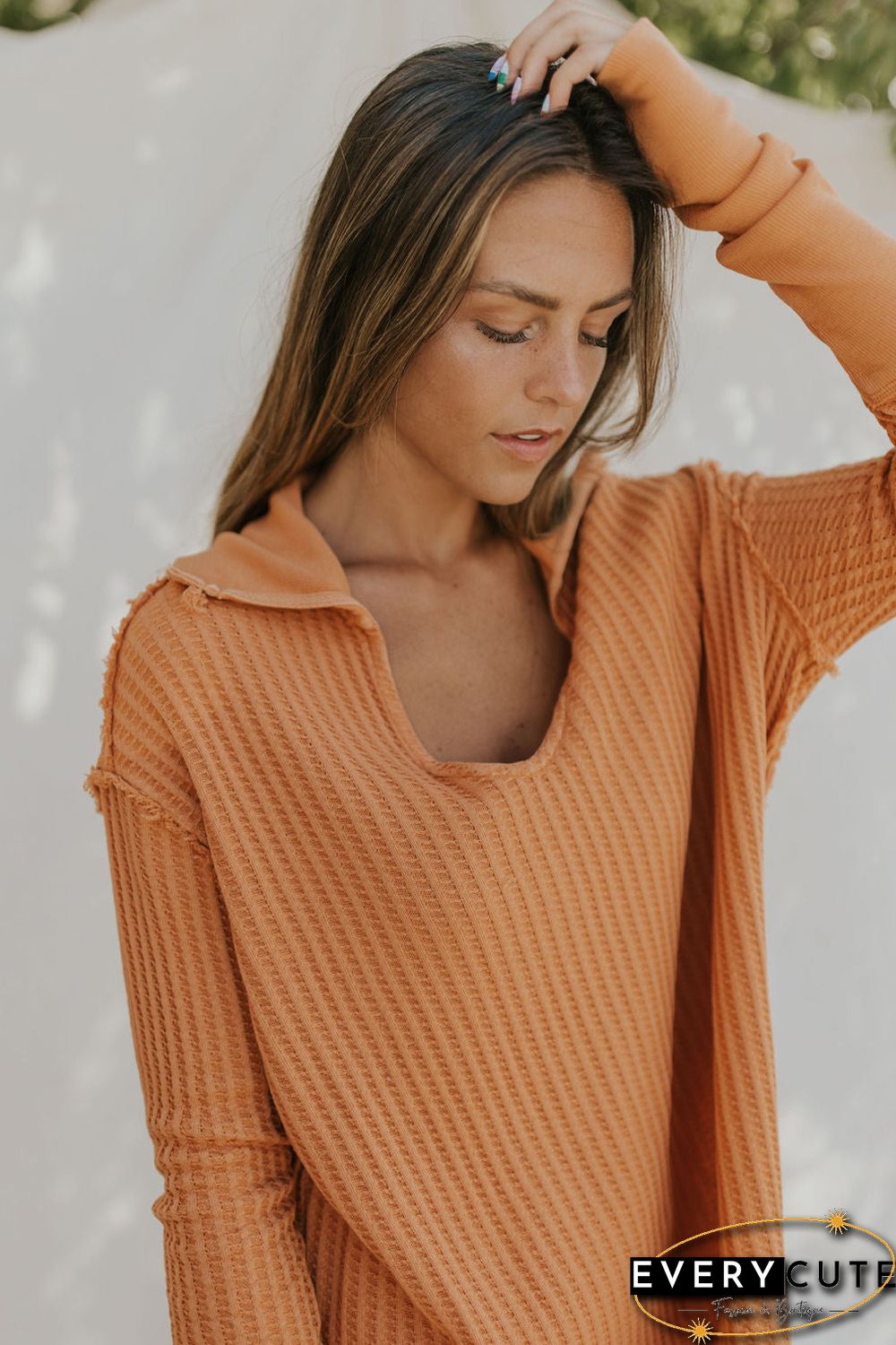 Orange Distressed Seam Trim Waffle Knit Top