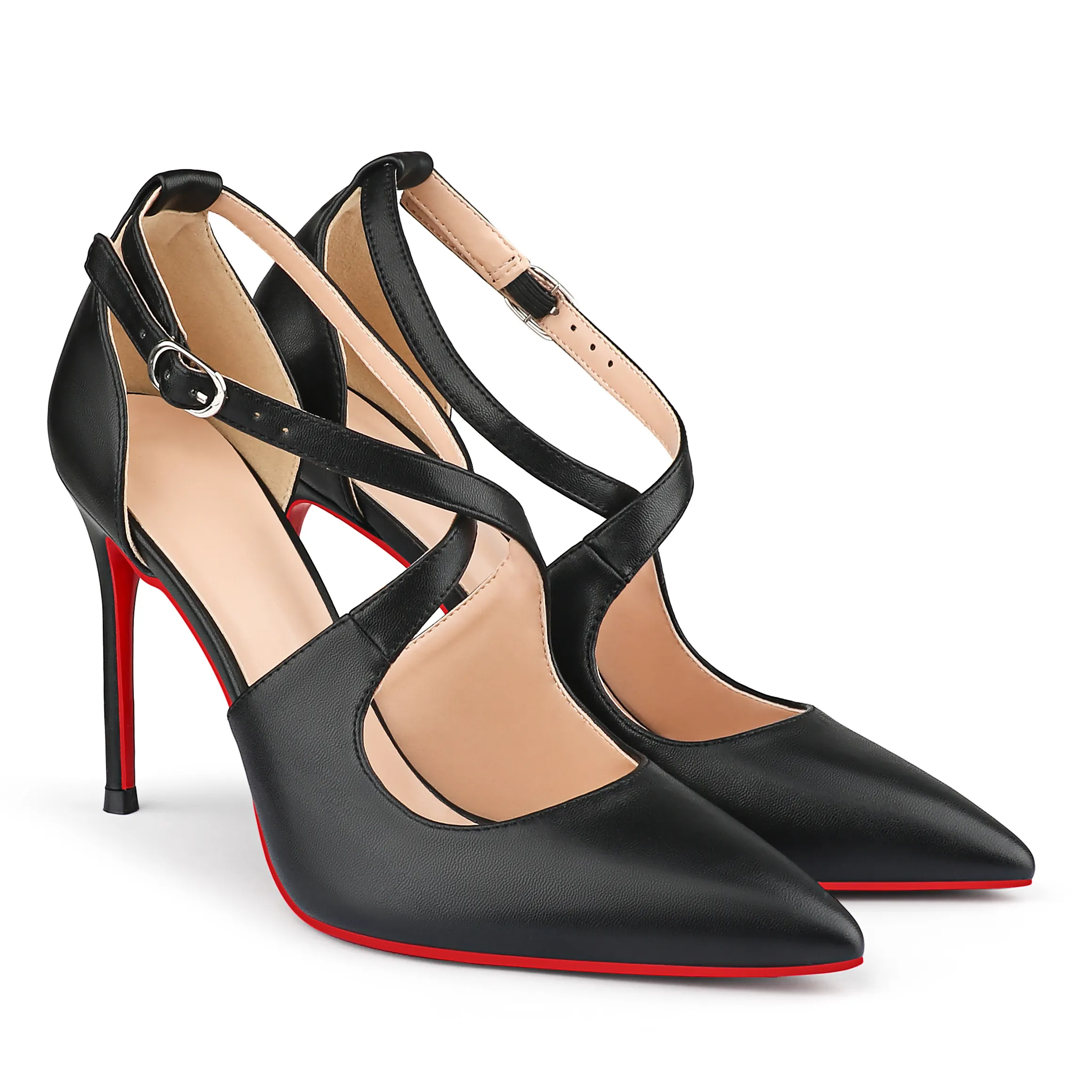95mm Women's Pointed Toe Cross Strap Heels Red Bottoms Pumps Shoes Matte-vocosishoes