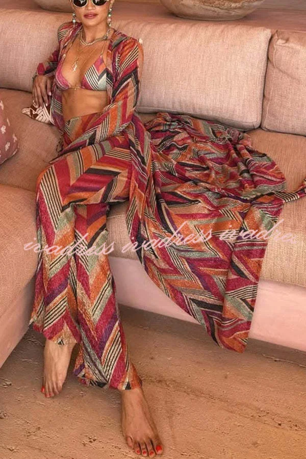 Gypsy Girl Triangle Pattern Tie-up Long Sleeve Midi Cover-up Robe