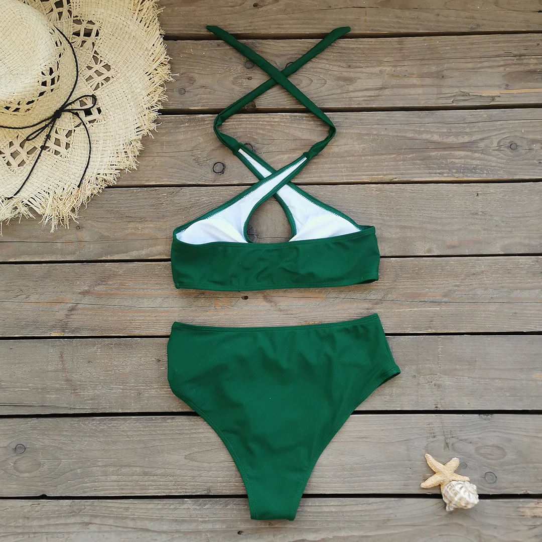 Churchf Solid Color Hanging Neck Strap Split Swimsuit Woman 2025 New Sexy Bikini