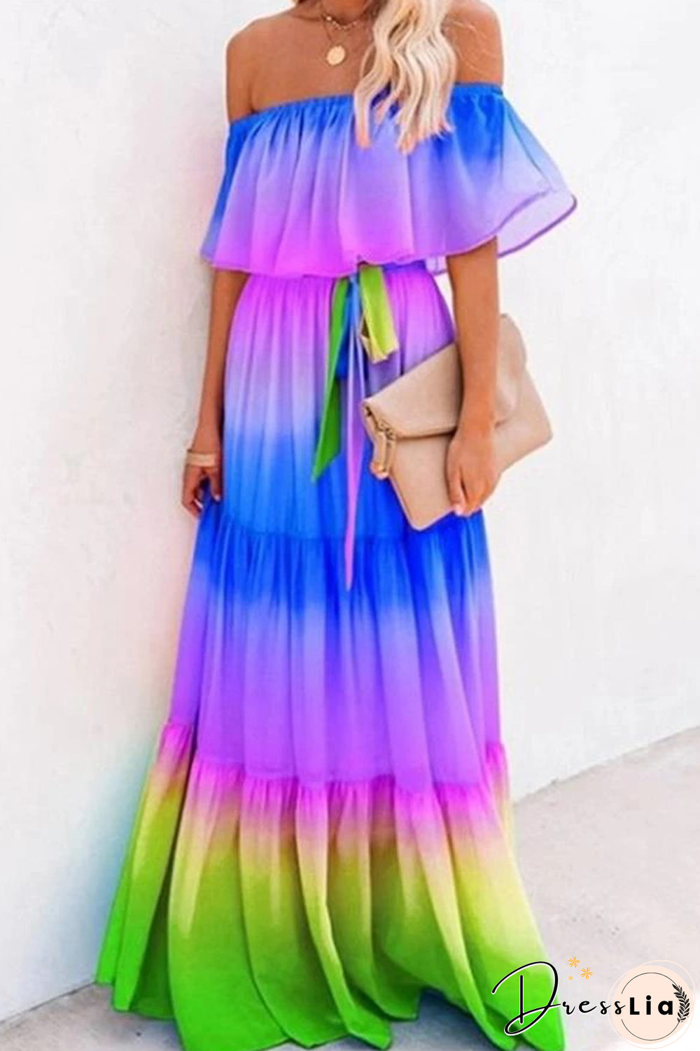 Fashion Gradual Change Flounce Off The Shoulder Cake Skirt Dresses(5 Colors)