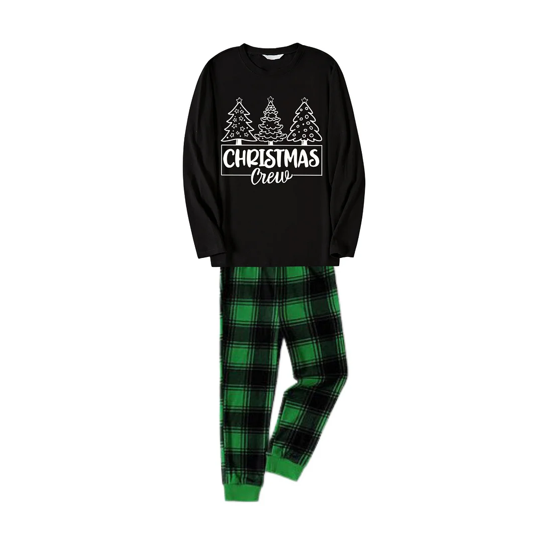 Christmas Tree and "Merry Christmas" Print Black Long Sleeve Top with Green and Black Plaid Family Matching Pajamas