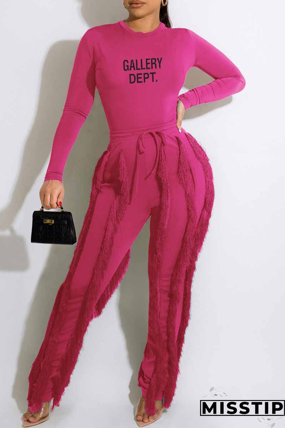 Green Casual Print Letter O Neck Long Sleeve Two Pieces