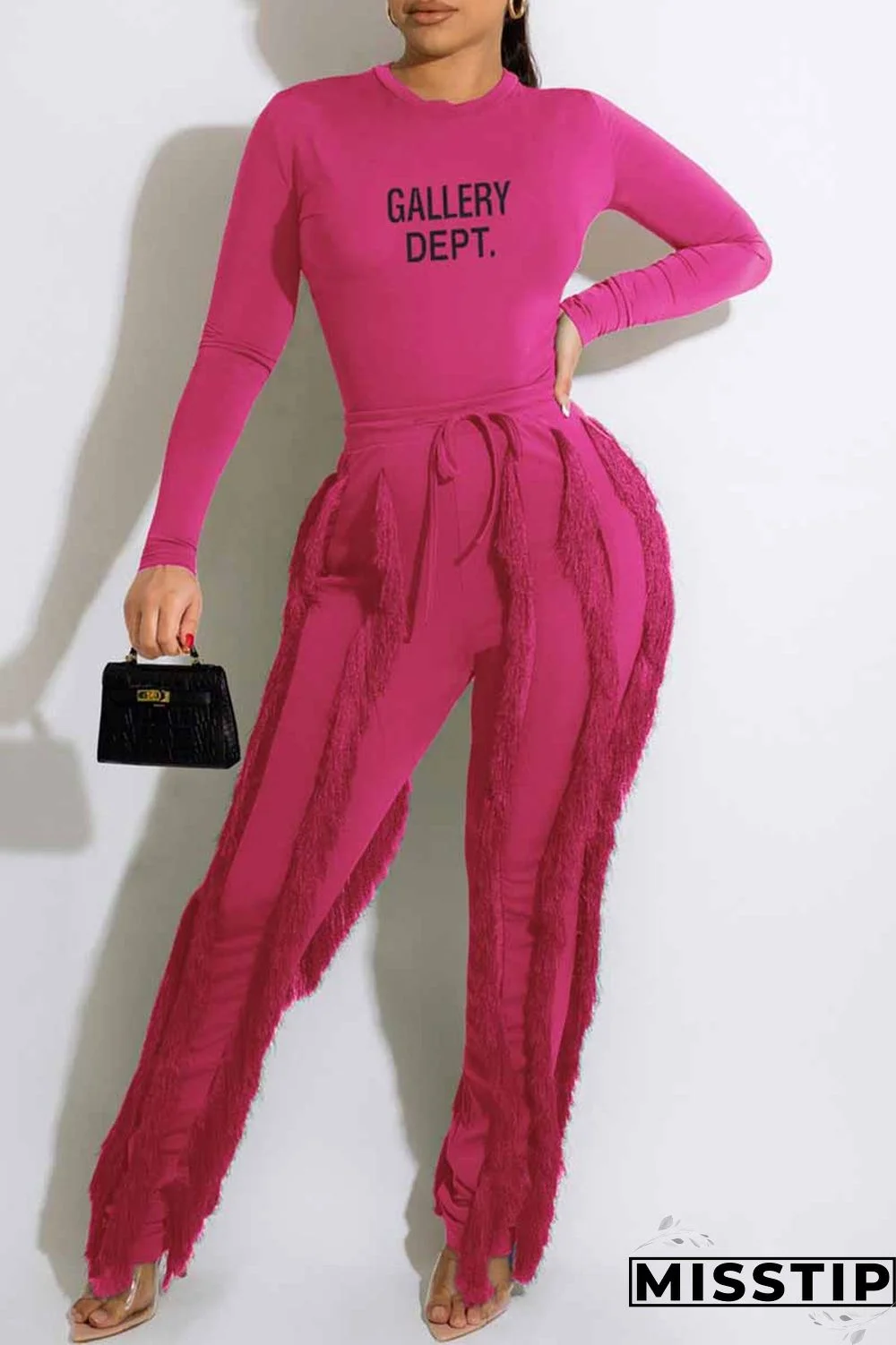 Green Casual Print Letter O Neck Long Sleeve Two Pieces