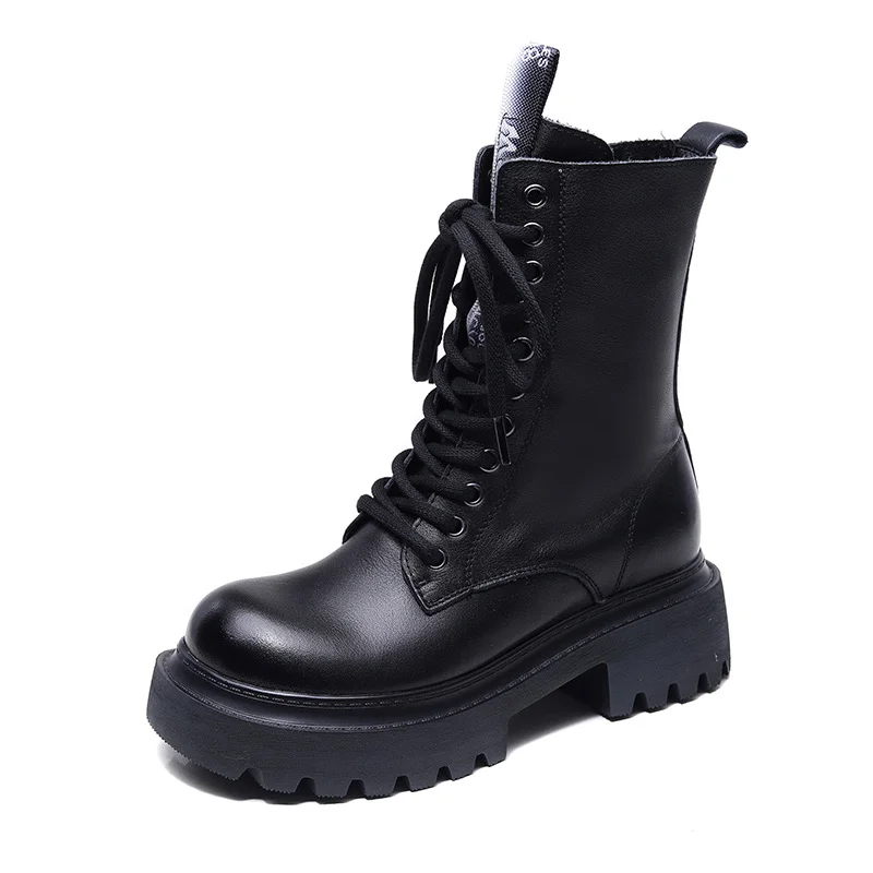 Yyvonne Leather Martin Boots High-Rise Kraft Mid-Sleeve Long Boots Autumn And Winter New Two Cotton Waterproof Table With Knight Boots