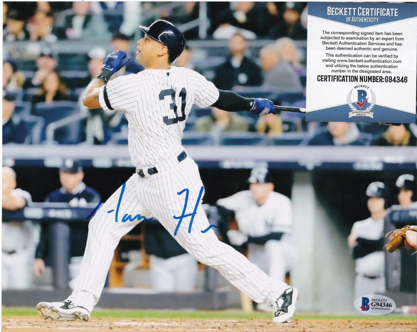 AARON HICKS NEW YORK YANKEES BECKETT AUTHENTICATED ACTION SIGNED 8x10