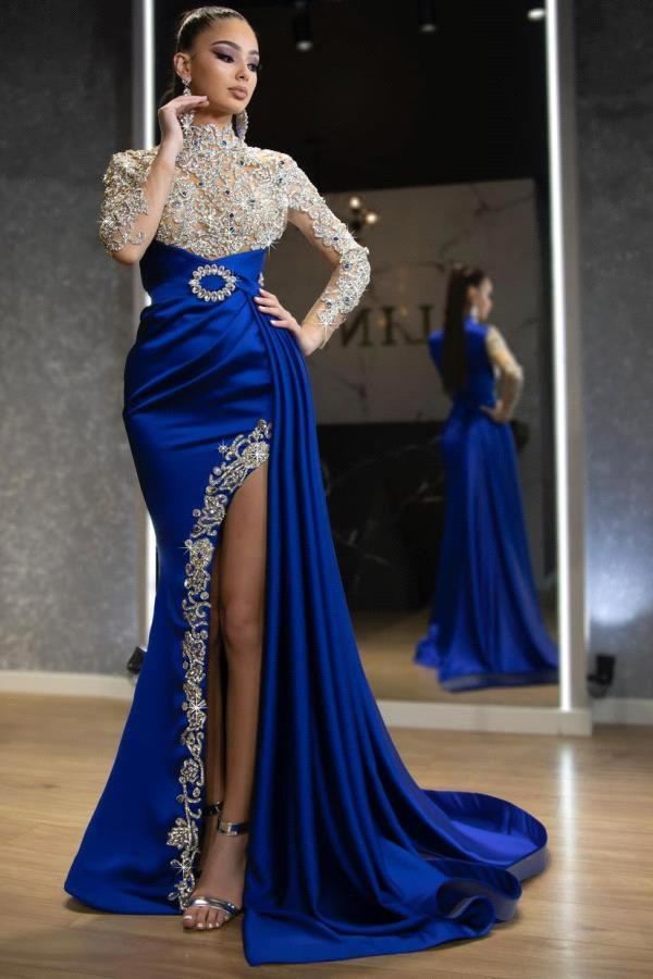 Gorgeous Royal Blue Long Sleeves Mermaid Split Evening Dress High Neck With Appliques Beads - lulusllly