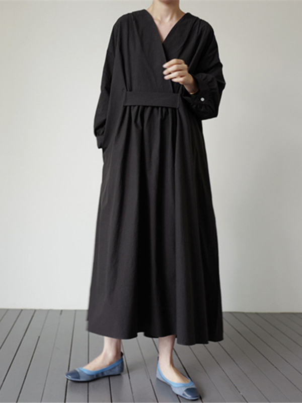 Loose Cross Neck Waist Pleats Long Sleeves Maxi Dress