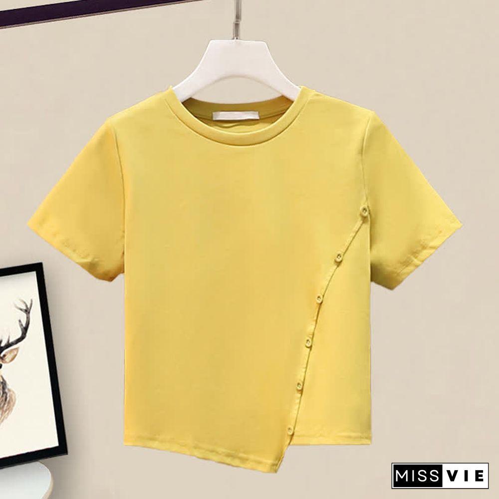 Pure Color Round Collar T-Shirt Floral Print Skirt Two Pieces Set