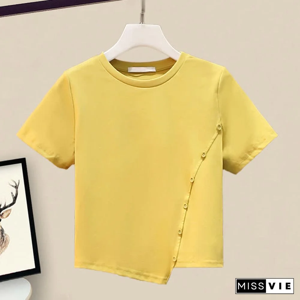 Pure Color Round Collar T-Shirt Floral Print Skirt Two Pieces Set