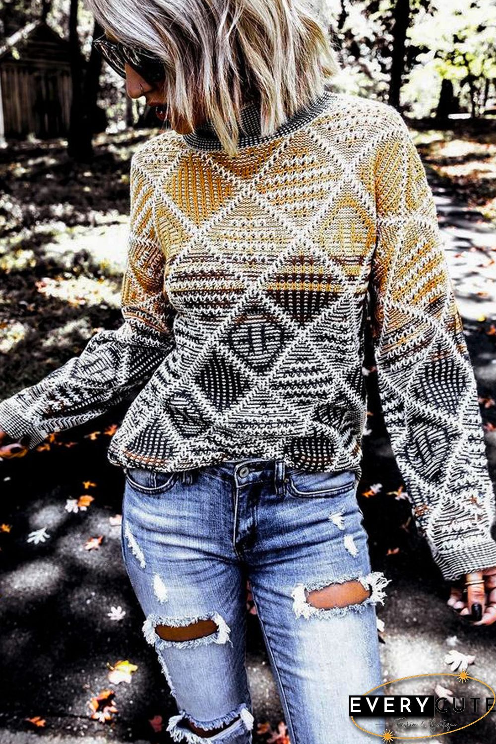 High Neck Geometric Colorblock Sweater