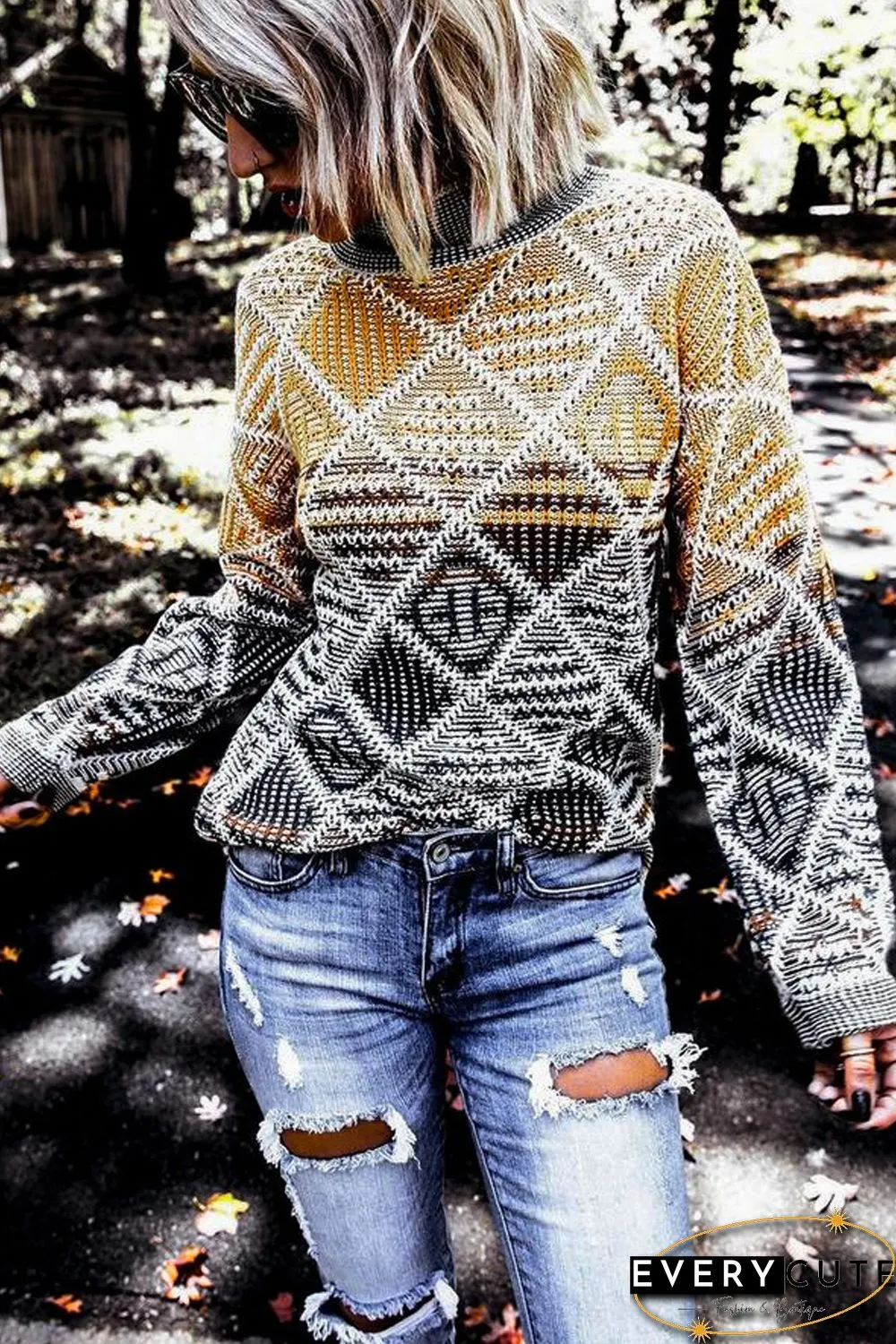 High Neck Geometric Colorblock Sweater