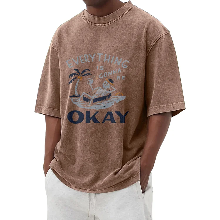 Fun skull pattern washed T-shirt 015