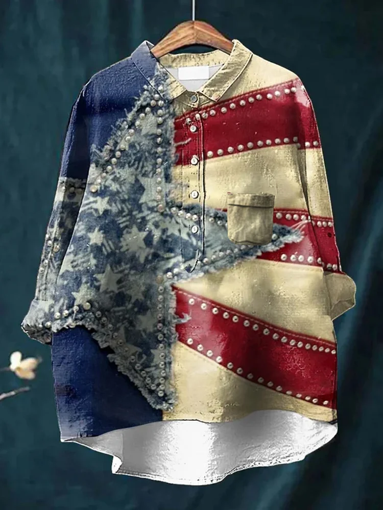 Comstylish Vintage Flag Independence Day Print Casual Linen Blend Pocket Shirt