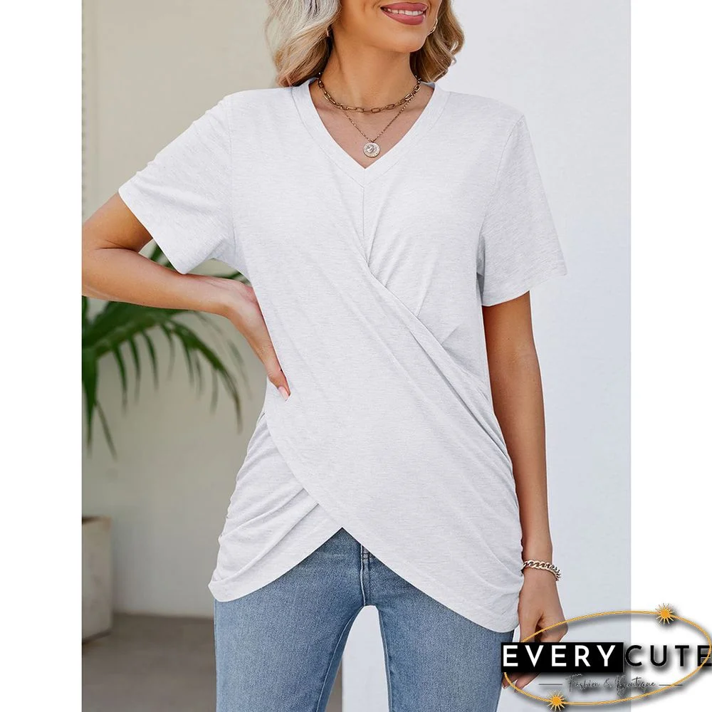 White Front Twist V Neck Short Sleeve Casual Tops