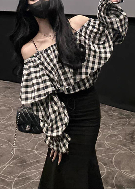 VCSHOES Plaid Slash Neck Cotton Shirts Flare Sleeve