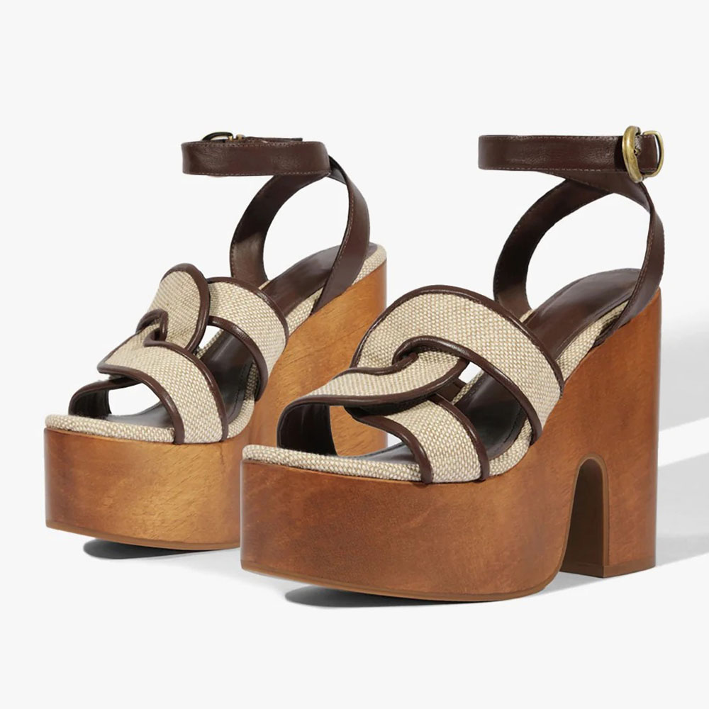 Brown Open Round Toe Cross Strap Block Heel Platform Sandals Nicepairs