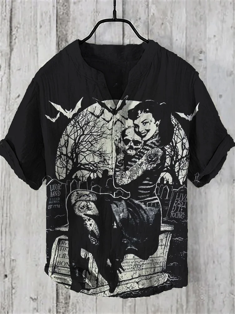Men's Retro Tattooed Girl Graveyard Skull Punk Print Half Button Shirt