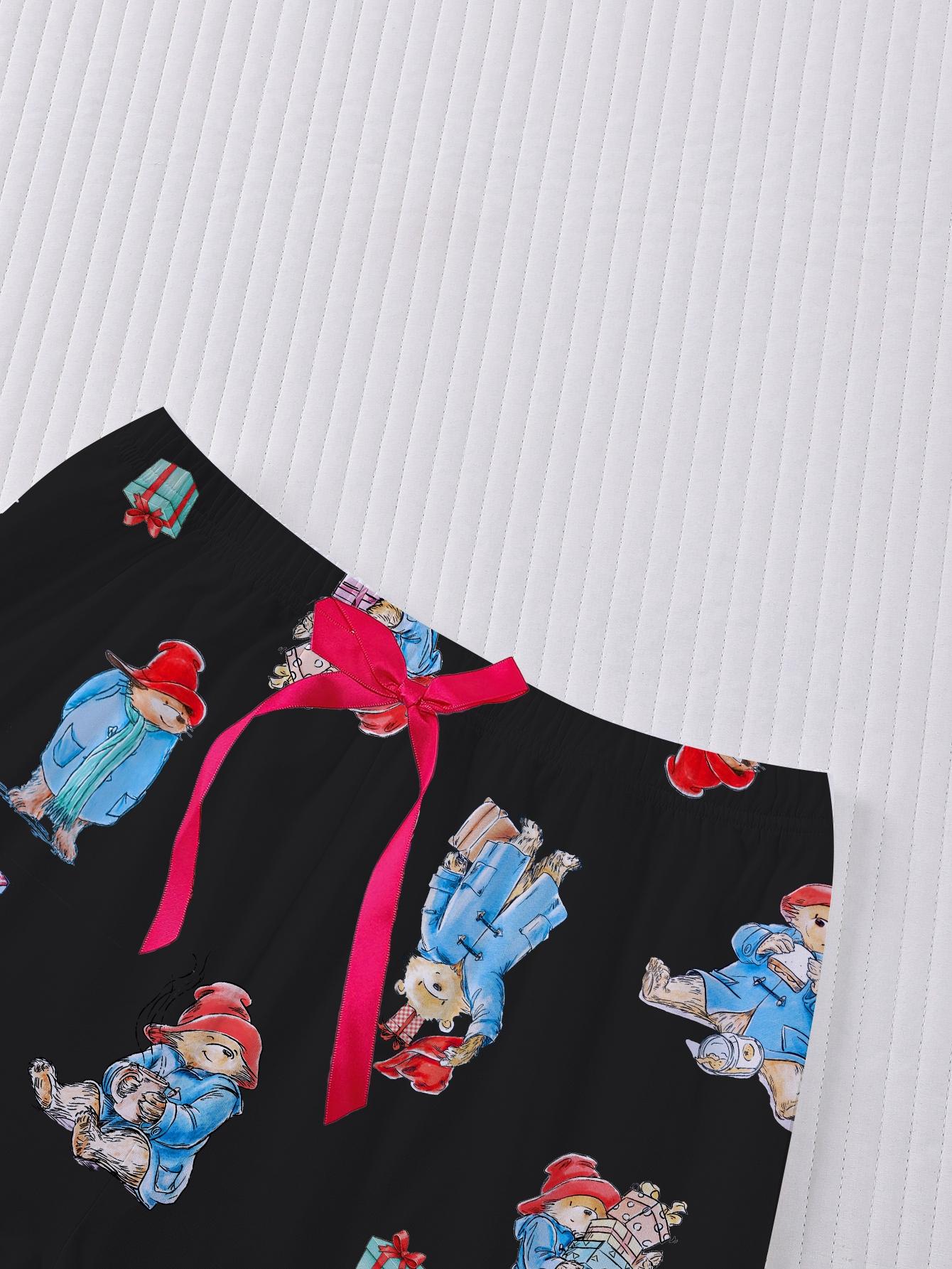 3-Piece Casual Women Pjs Pajama Set with Padding Bear Print, Short Sleeve Button-Up Top and Loose Shorts and Long Pants, Stylish Comfortable Sleepwear & Loungewear for Everyday and Holiday