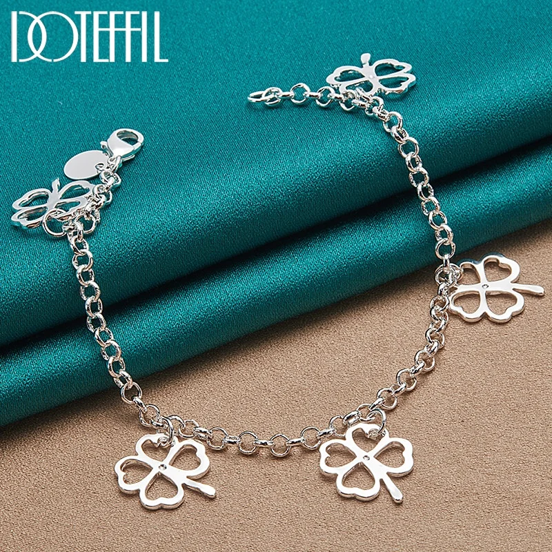 925 Sterling Silver Five Lucky Clover Flowers Pendant Bracelet Chain For Woman Jewelry