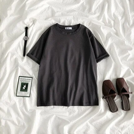 Summer Tee Shirt Solid Color Basic T-Shirt Women Casual O-neck Harajuku Top Korean Hipster Cotton Basic Tshirt