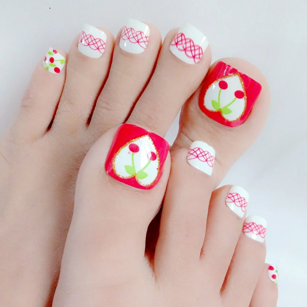 24Pcs Shiny Red Flower Fake Toe Nails With Design Artificial Press On False Toenails Tips DIY Lady Foot Manicure Tools-Nail Inspo