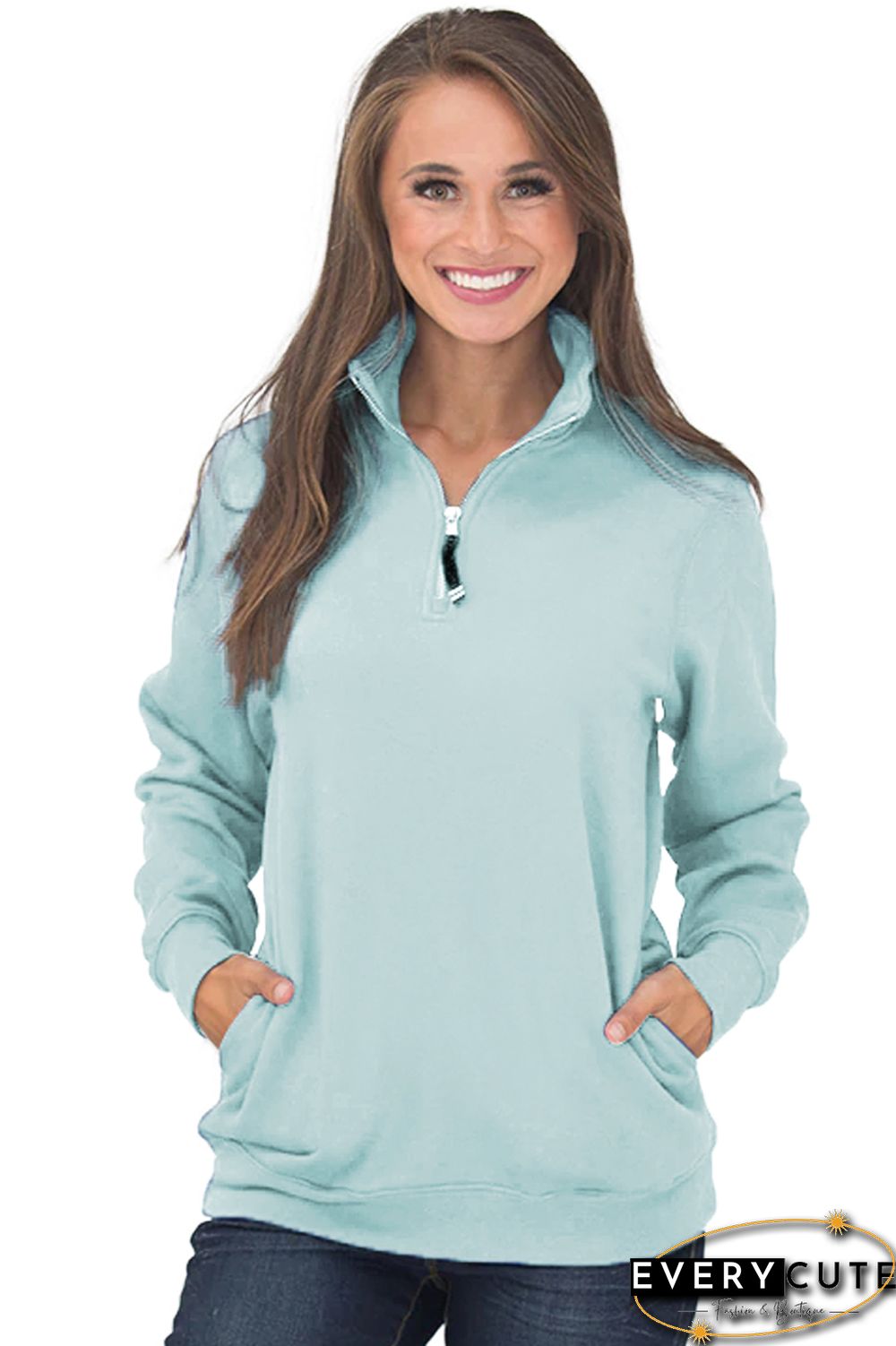 Light Blue Pocket Style Quarter Zip Sweatshirt