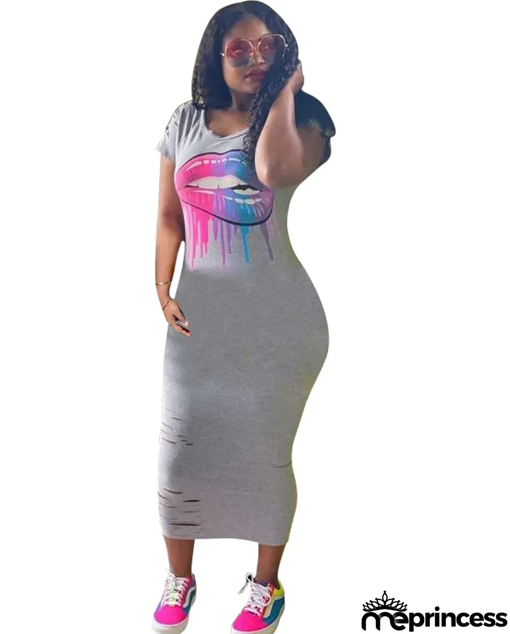 Summer Lips Print Ripped Long Fit Shirt Dress