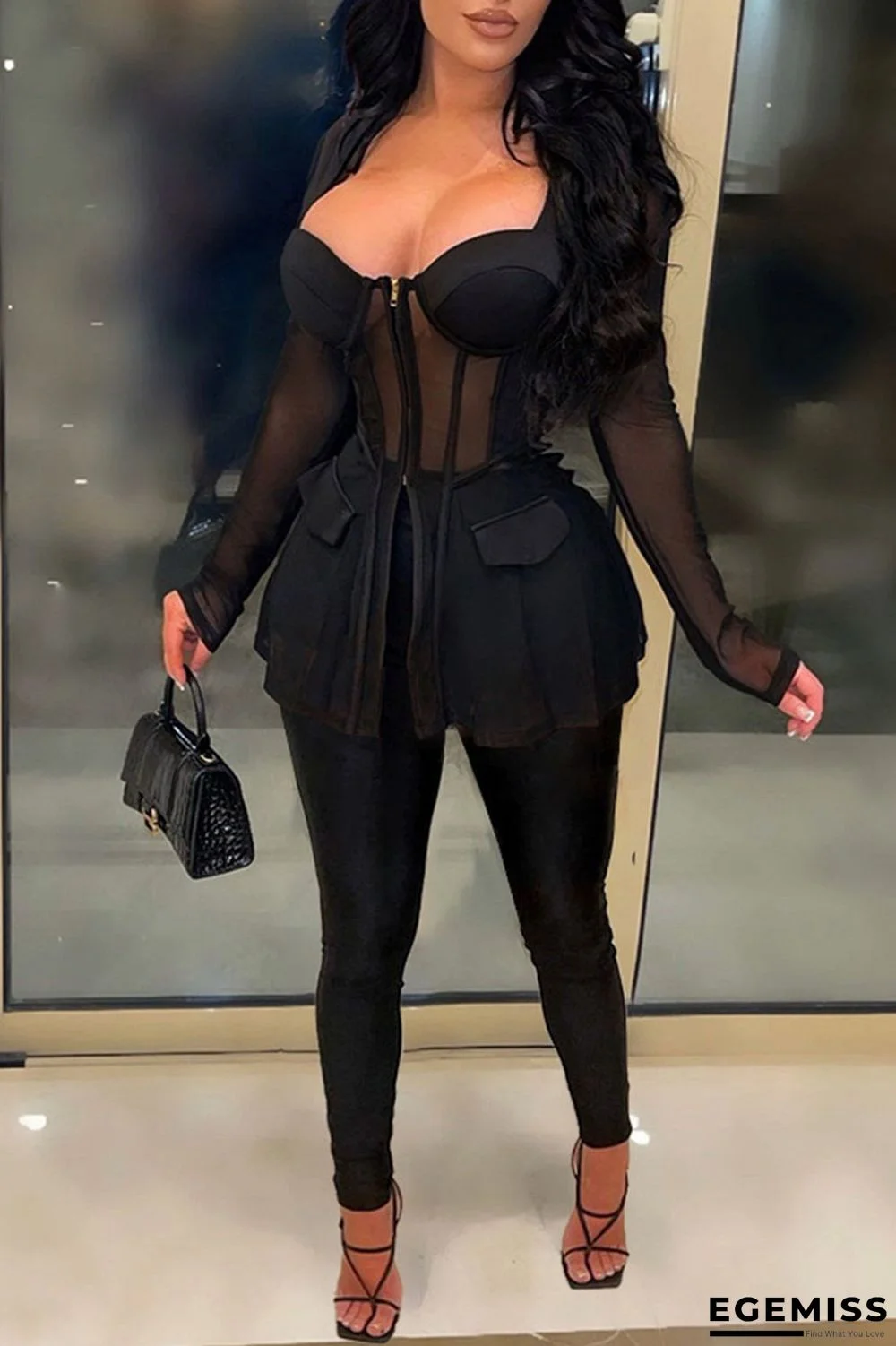 Black Sexy Solid Patchwork Zipper Square Collar Long Sleeve Two Pieces | EGEMISS