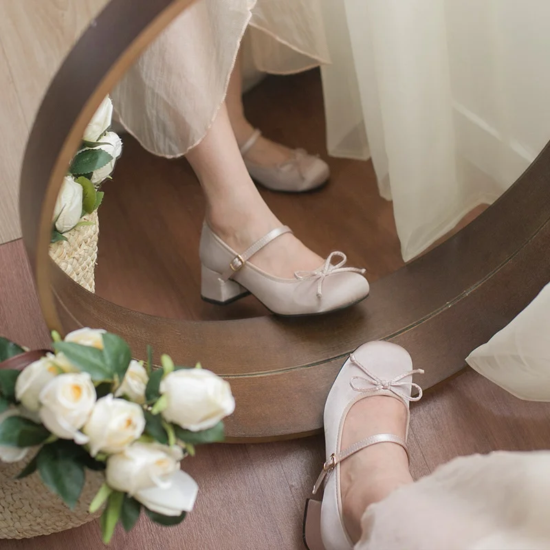 Uveng Uveng Satin Bow Mary Jane Shoes Spring Ballet With Retro Lolita Thick Heel Cheongsam With Skirt Single Shoes