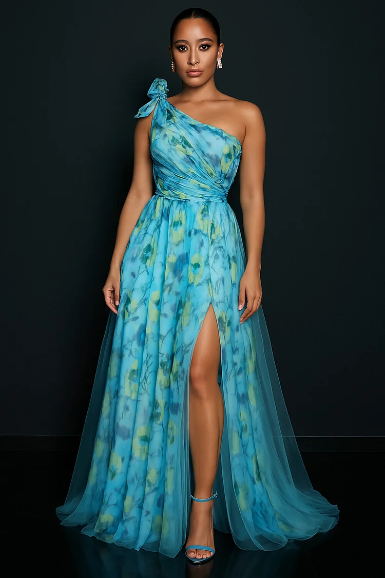 One Shoulder Floral Print Mesh Layer Slit Party Maxi Dresses-Blue [Pre Order]