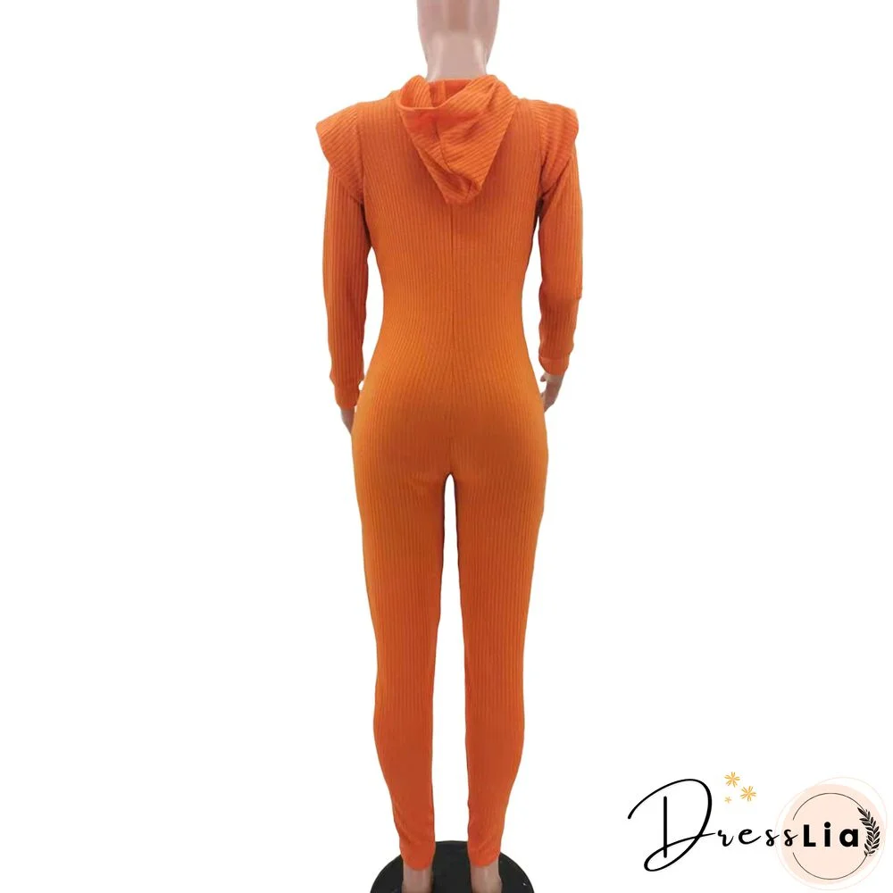 Knitted Long Sleeve Shoulder Padded Hooded Jumpsuit
