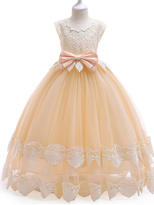  Oknass Ball Gown Cap Sleeve Jewel Neck  Flower Girl Dress Tulle With Bow Tier  Appliques