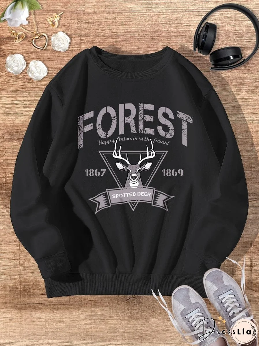 Black Retro Sika Deer Casual Fashion Winter Round Neck Long-sleeved Sweatshirt