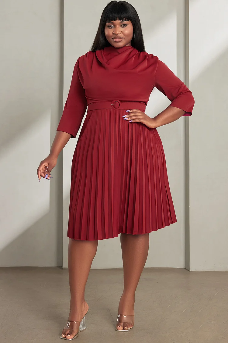 Xpluswear Design Plus Size Business Casual Midi Dresses Elegant Burgundy Cowl Neck 3/4 Sleeve Pleated Midi Dresses [Pre-Order]