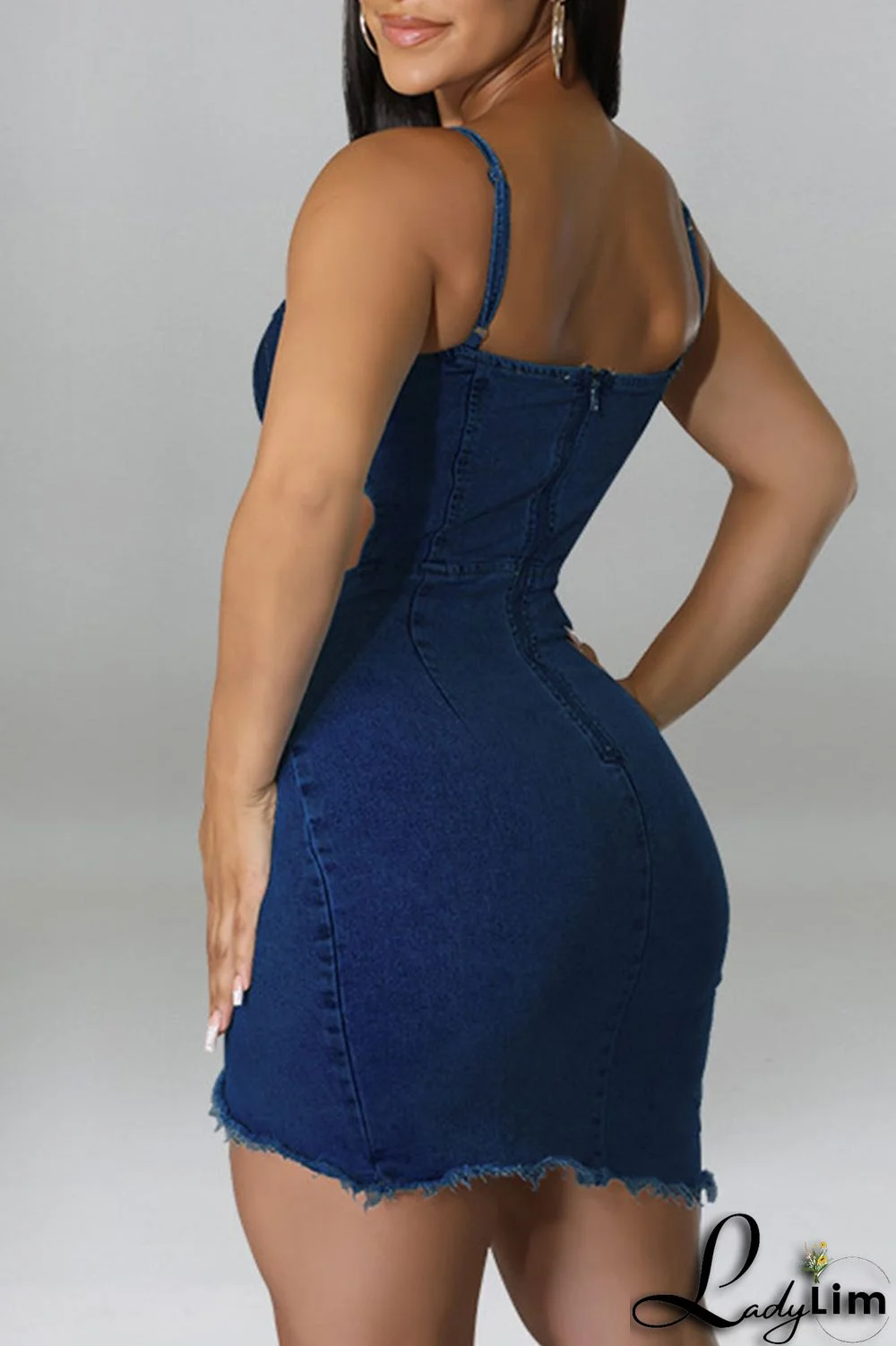 Light Blue Sexy Solid Rivets Patchwork Asymmetrical Spaghetti Strap Sleeveless Regular Denim Dresses