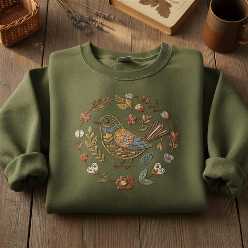 Bird Folk Art Embroidered Sweatshirt wearshes