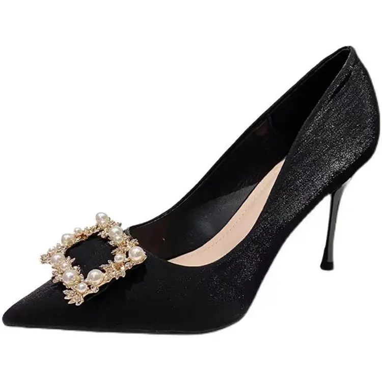 Guzpar popular women's shoes Spring and Autumn grace paragraph Casual Fashion Pearl Wedding Shoes Stiletto Square Rhinestone Sexy and Comfortable High Heels
