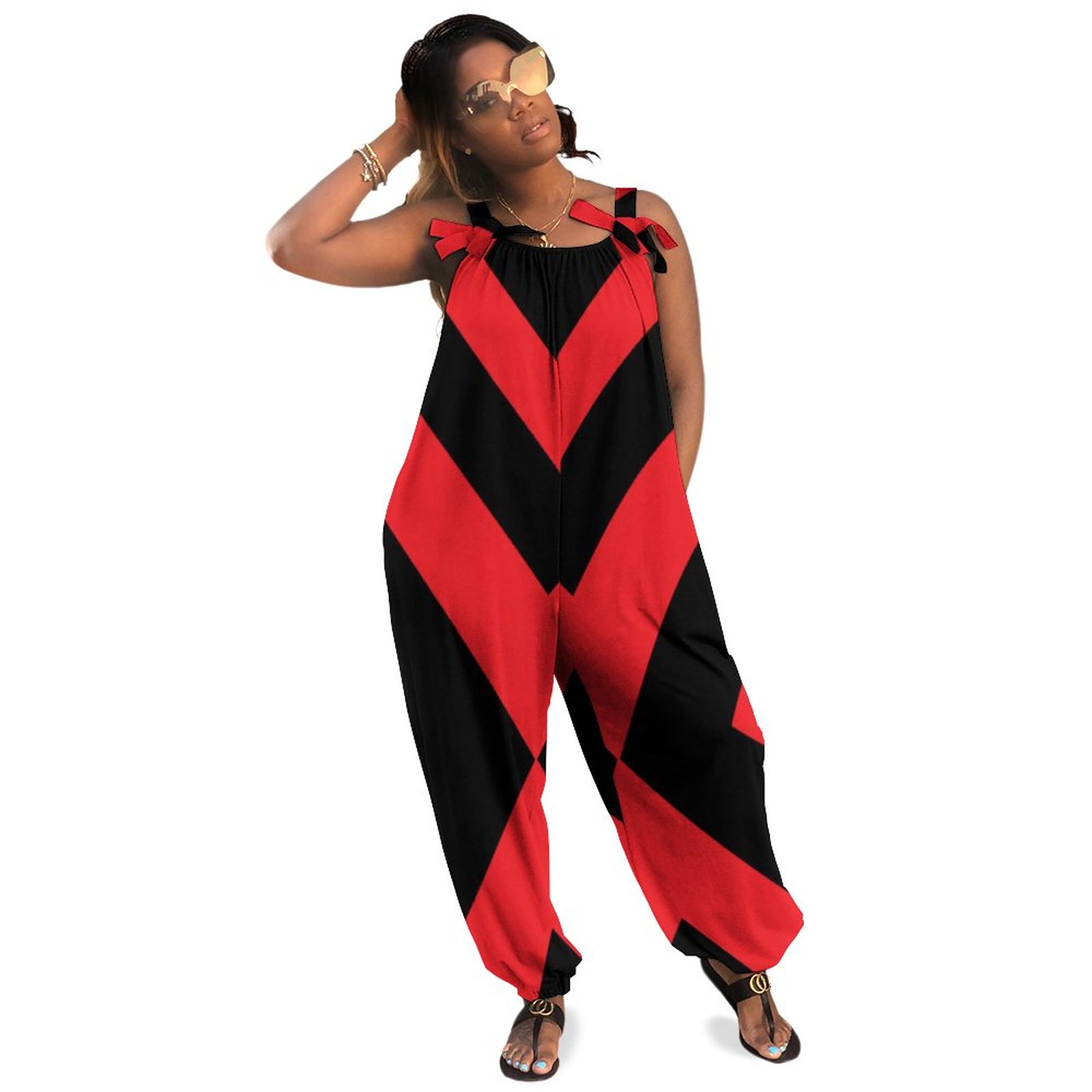 Red And Black Yoga Pant Striped Plus Size Women Rompers Summer Casual Loose Jumpsuit Spaghetti Strap Overalls Bridal Long Pants Natural Waist Boho Style
