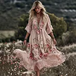 Women's Vintage Floral Art Linen Blend Casual Long Sleeve Maxi Dress - Image 2