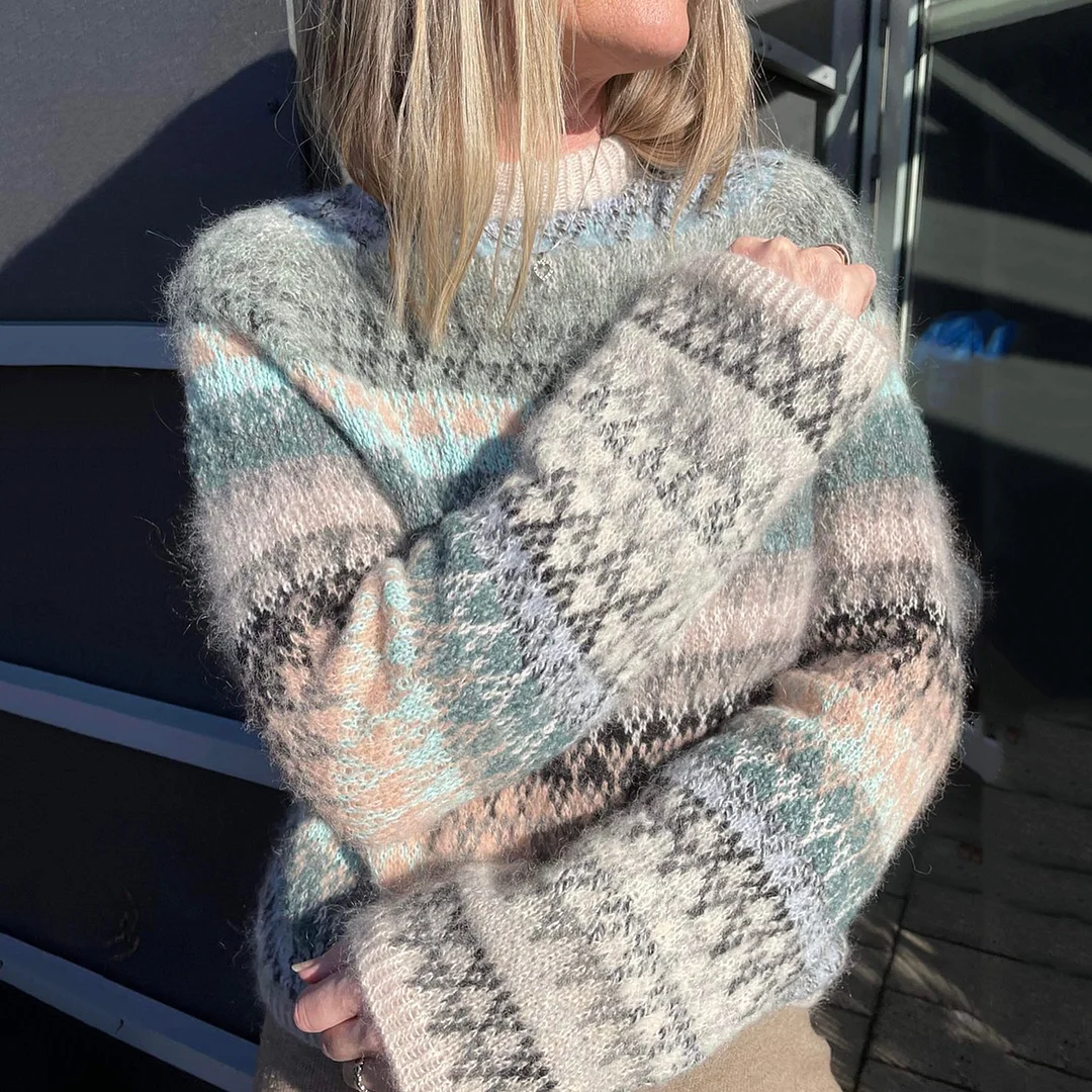 Casual Colorful Yarn Herringbone Jacquard Sweater