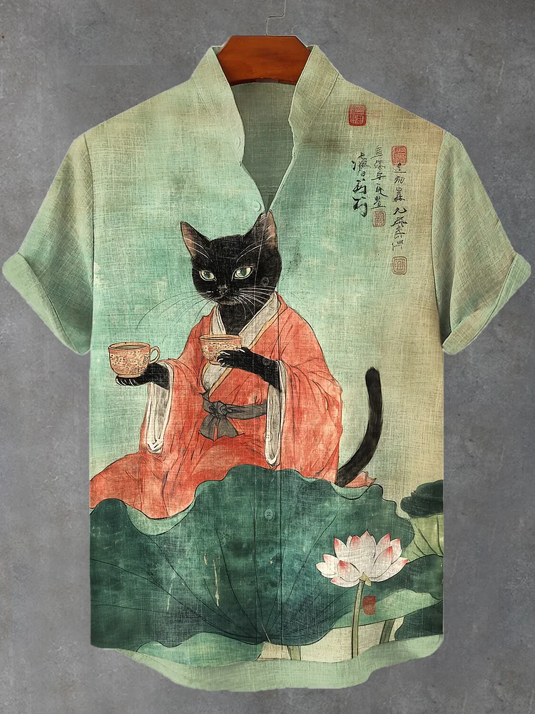 Men's Kimono Cat Tea Ceremony Lotus Art Print Casual Shirt