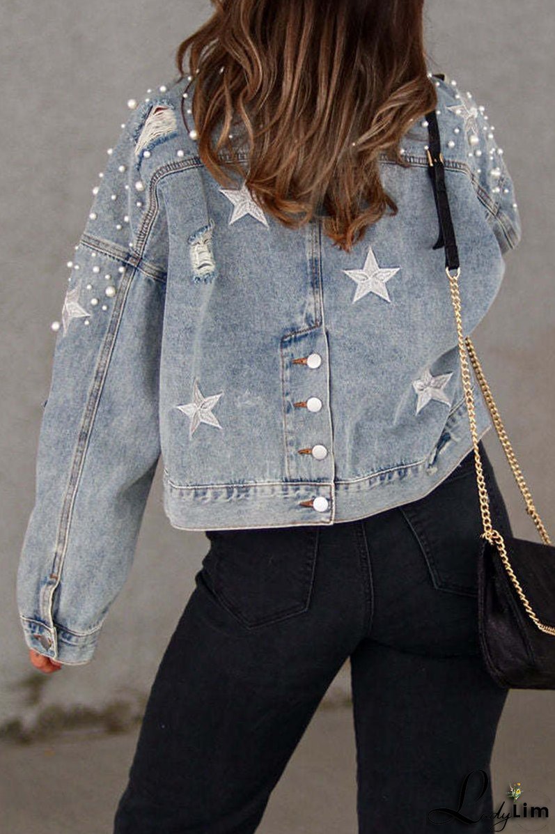 Casual Solid Beading Turndown Collar Long Sleeve Denim Jacket(3 Colors)