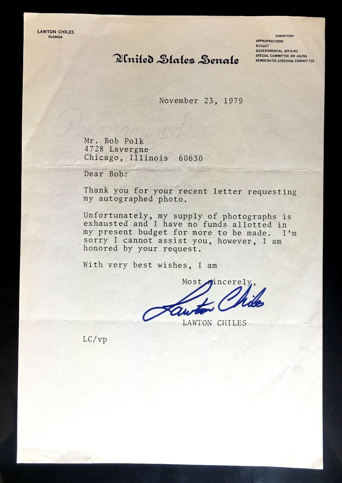 Lawton Chiles Signed Typed 6x9 Letter Florida Governor Senator Autograph Auto