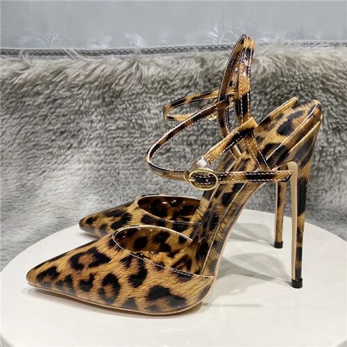 VCshoes 12cm Slingback Leopard Patent Leather Pumps Pointed Toe Stiletto Ultra High Heel Ladies Party Shoes QP164